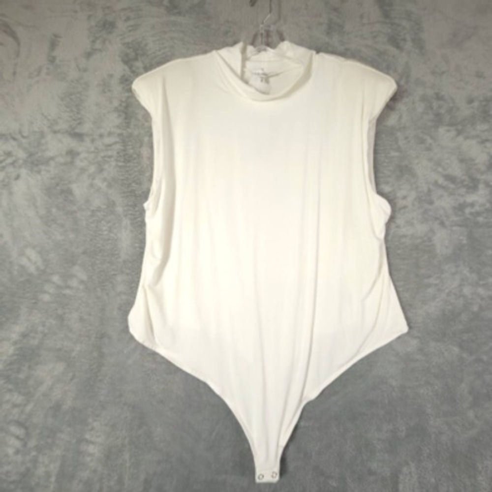 Good American Womens Bodysuit White Cap Sleeve Mock Neck Stretch Juniors 7 New